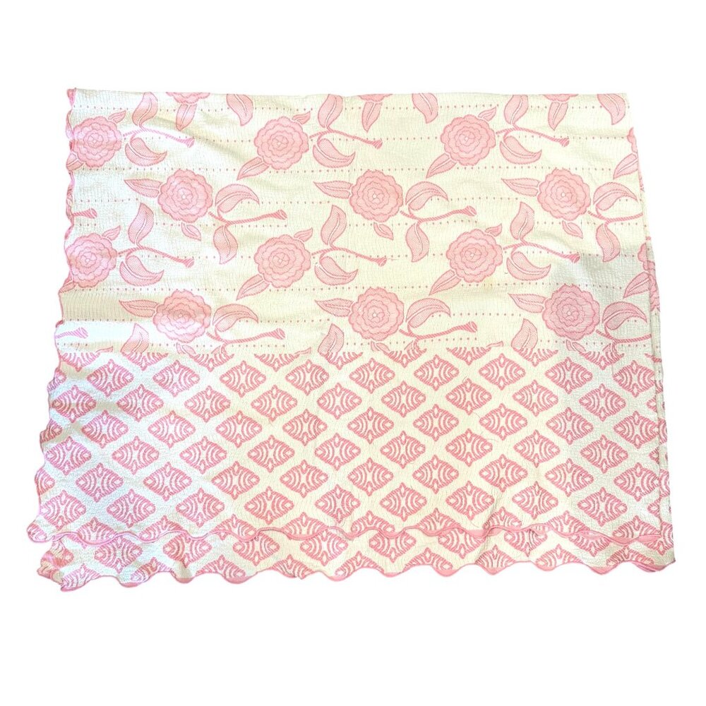Vintage Pink Floral Coverlet Quilt 94x74 Embroidered Cotton Scalloped White